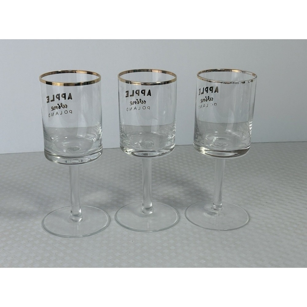 Vintage Apple Wine Poland Stemmed Glasses Set 3 Gold Rim Barware Retro - Picture 6 of 10